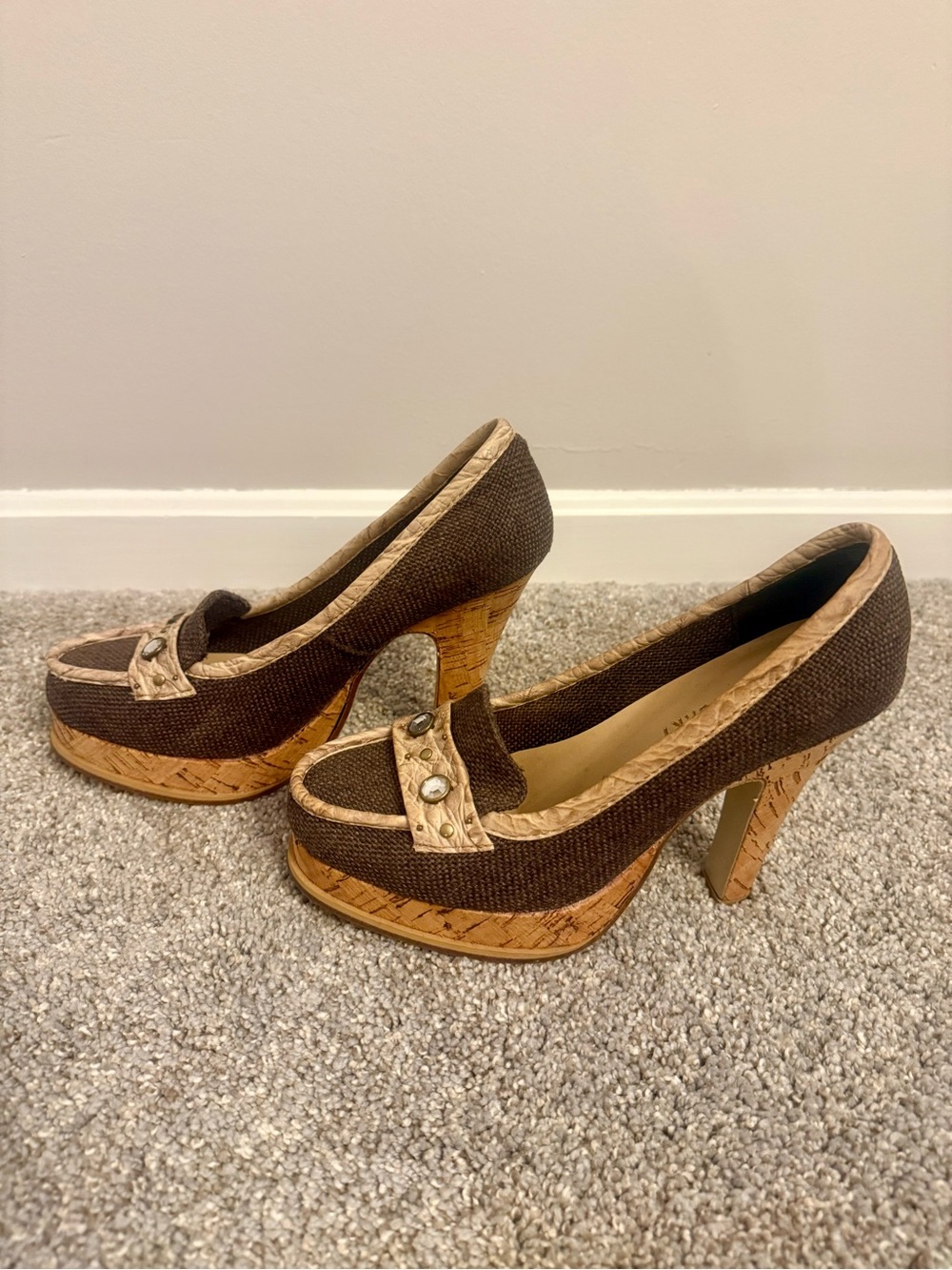 Colin Stuart Brown and Tan Platform Pumps with Cork Heel